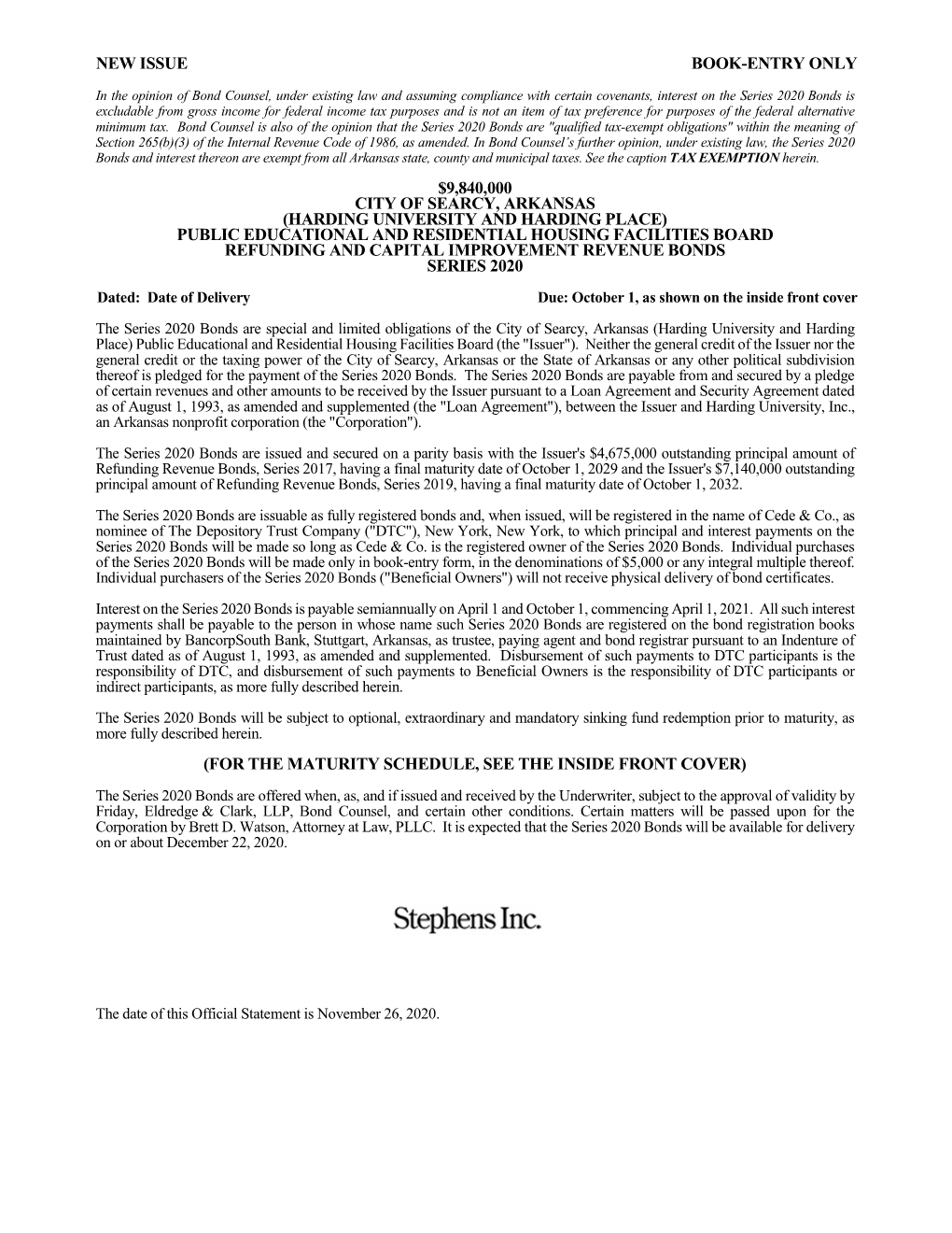 Harding University and Harding Place) Public Educational and Residential Housing Facilities Board Refunding and Capital Improvement Revenue Bonds Series 2020