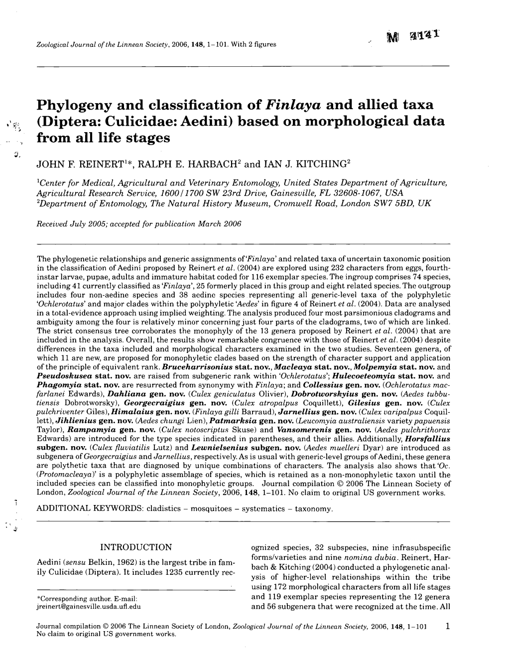 Diptera: Culicidae: Aedini) Based on Morphological Data from All Life Stages