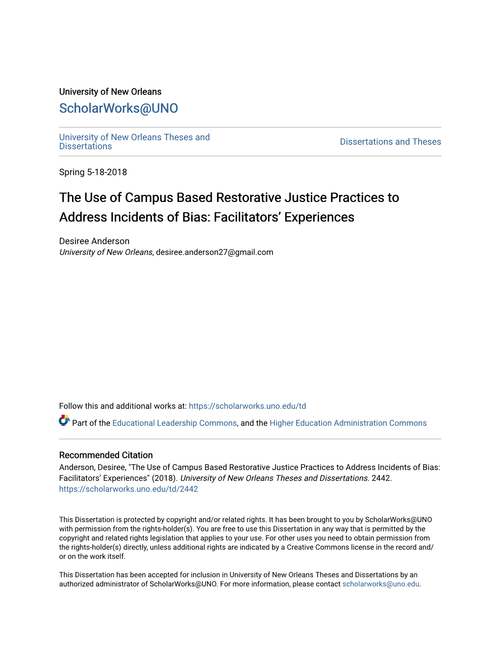 The Use of Campus Based Restorative Justice Practices to Address Incidents of Bias: Facilitators’ Experiences