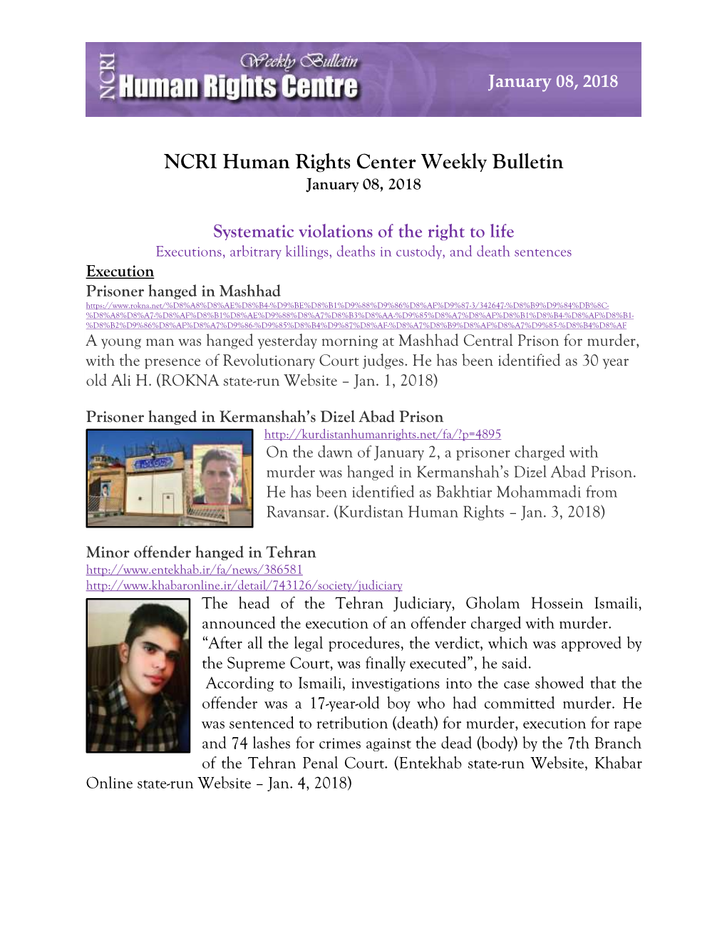 NCRI Human Rights Center Weekly Bulletin January 08, 2018