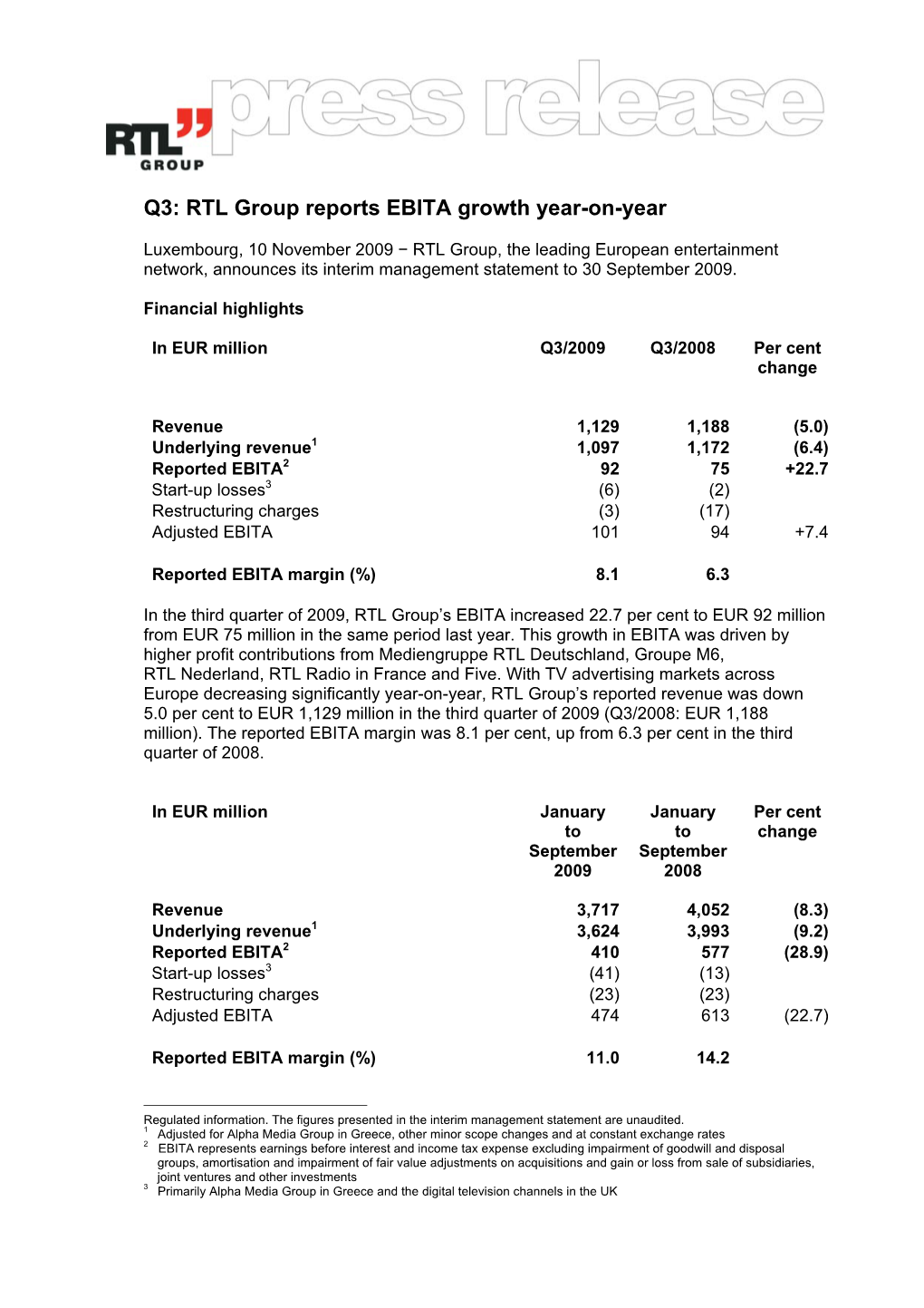 RTL Group Reports EBITA Growth Year-On-Year