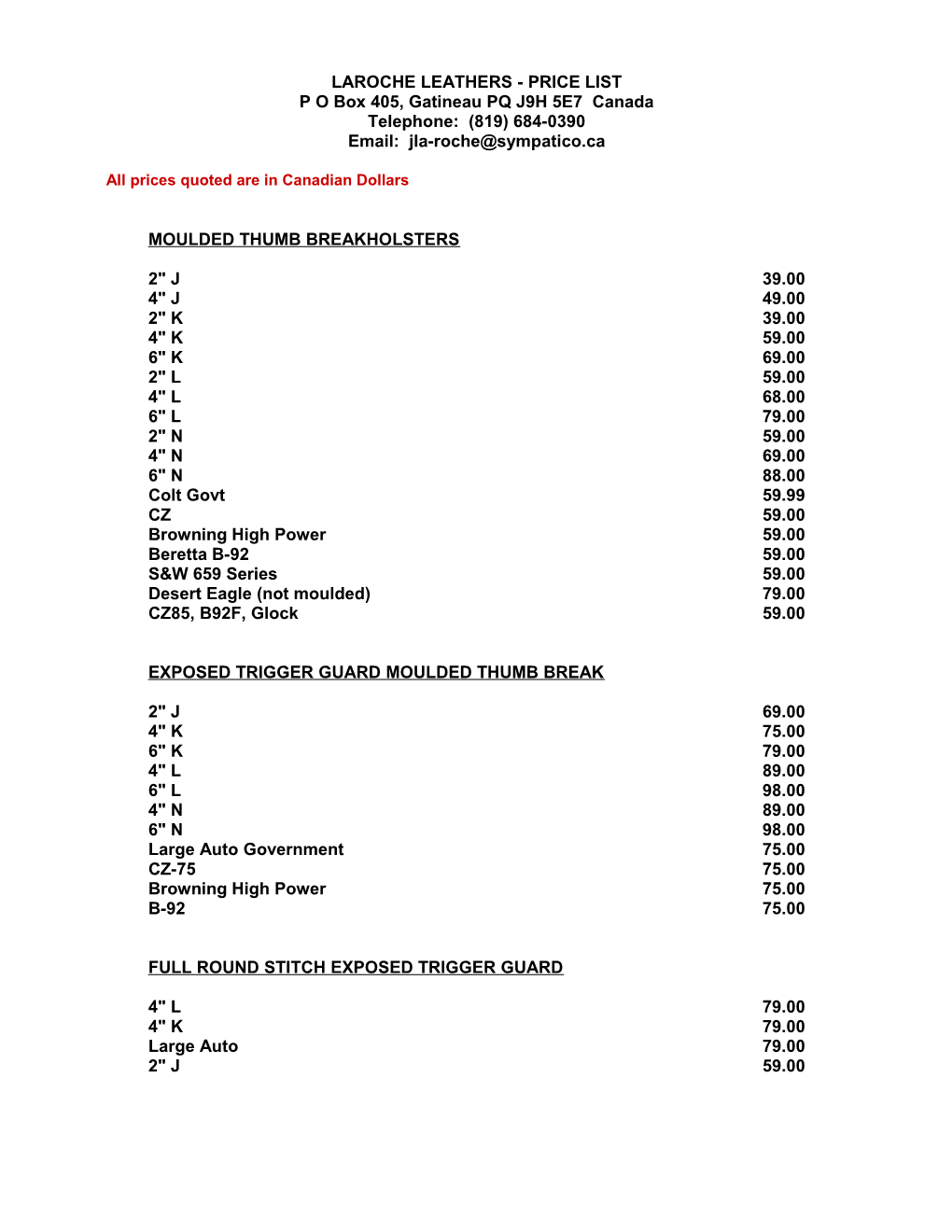 Laroche Leathers - Price List