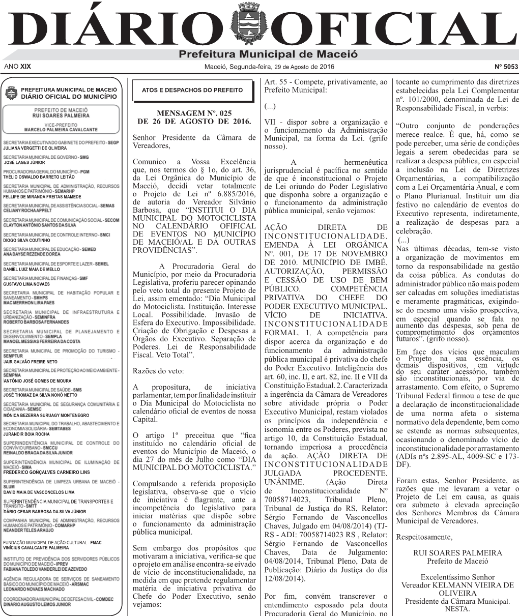 DIÁRIO OFICIAL Prefeitura Municipal De Maceió ANO XIX Maceió, Segunda-Feira, 29 De Agosto De 2016 Nº 5053 Art