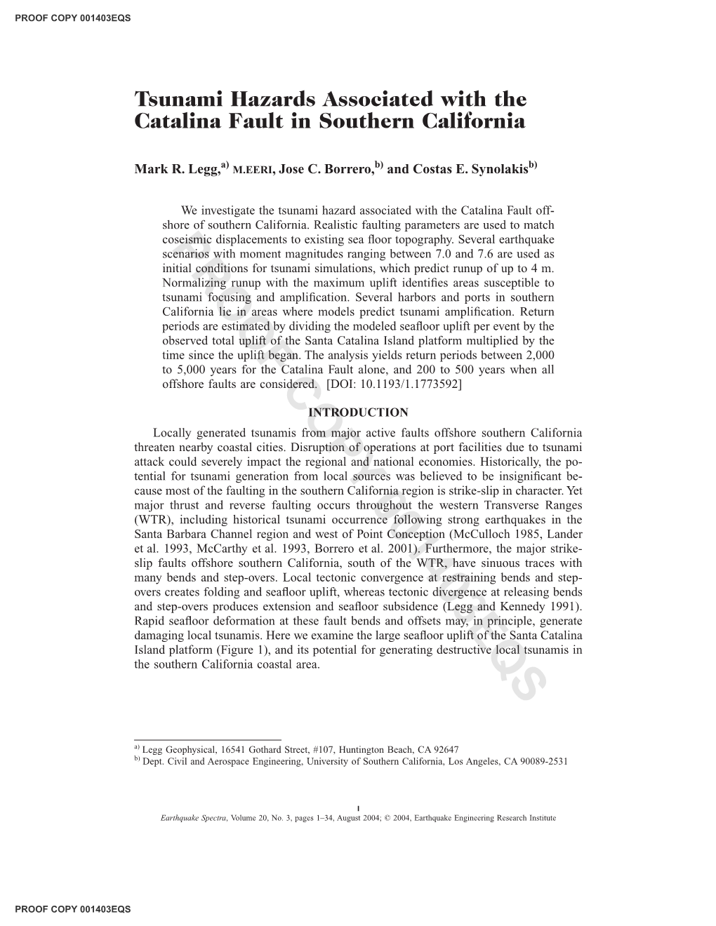Tsunami Hazards Associated with the Catalina Fault in Southern California