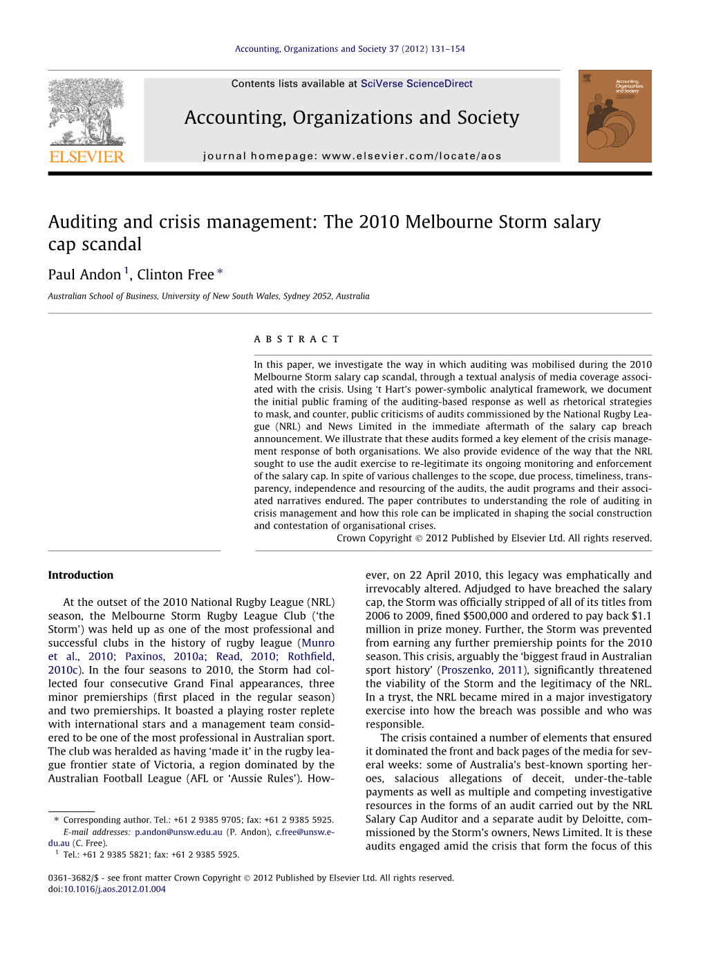 Auditing and Crisis Management : the 2010 Melbourne Storm Salary Cap Scandal