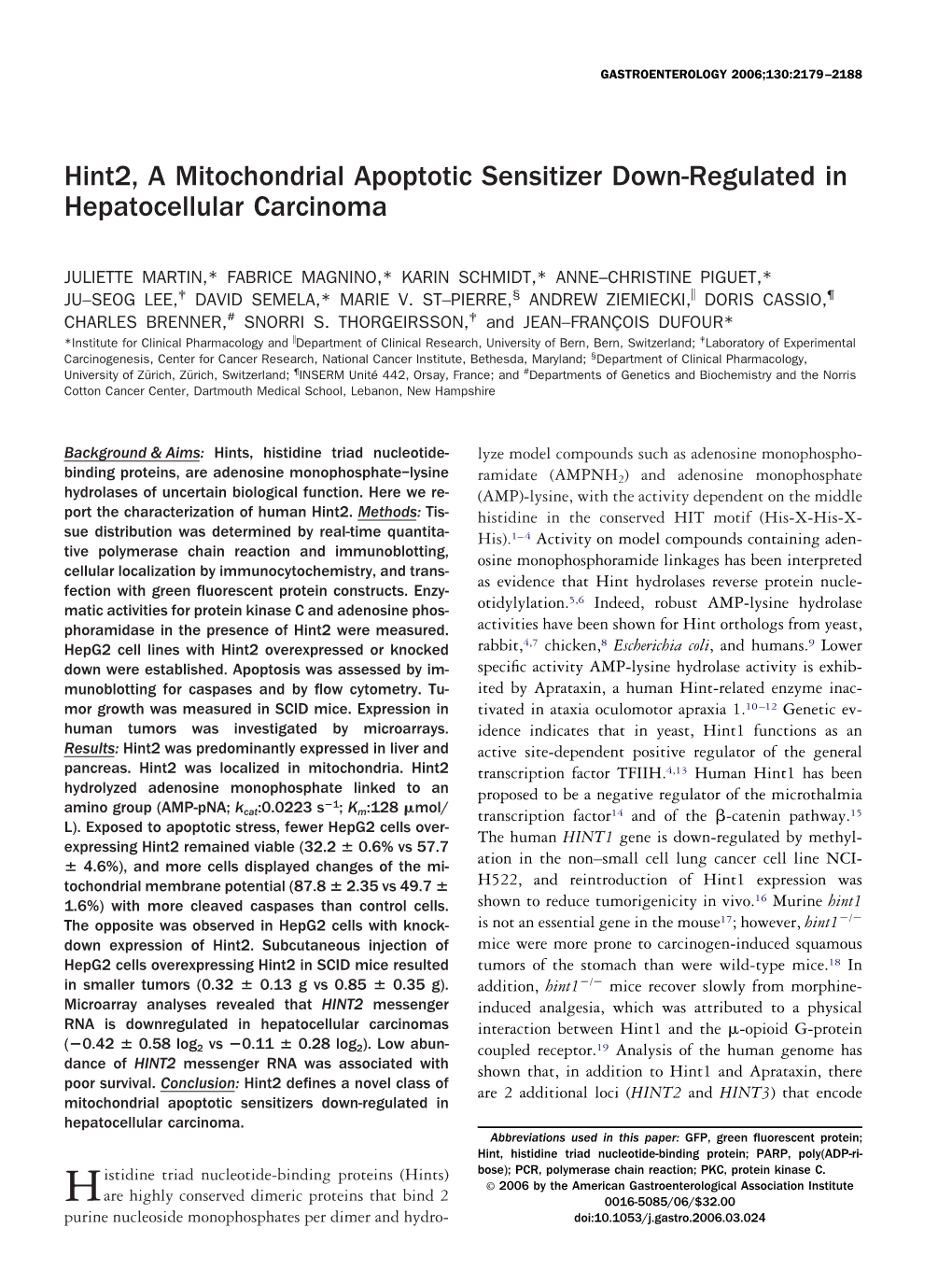 Hint2, a Mitochondrial Apoptotic Sensitizer Down-Regulated in Hepatocellular Carcinoma