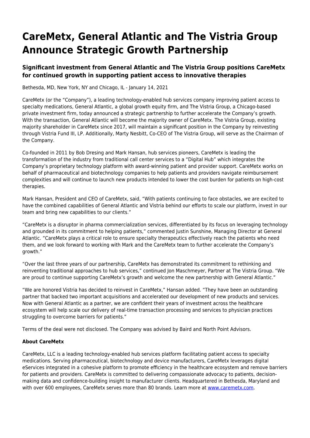 Caremetx, General Atlantic and the Vistria Group Announce Strategic Growth Partnership