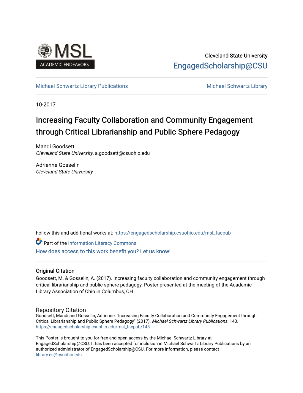 Increasing Faculty Collaboration and Community Engagement Through Critical Librarianship and Public Sphere Pedagogy