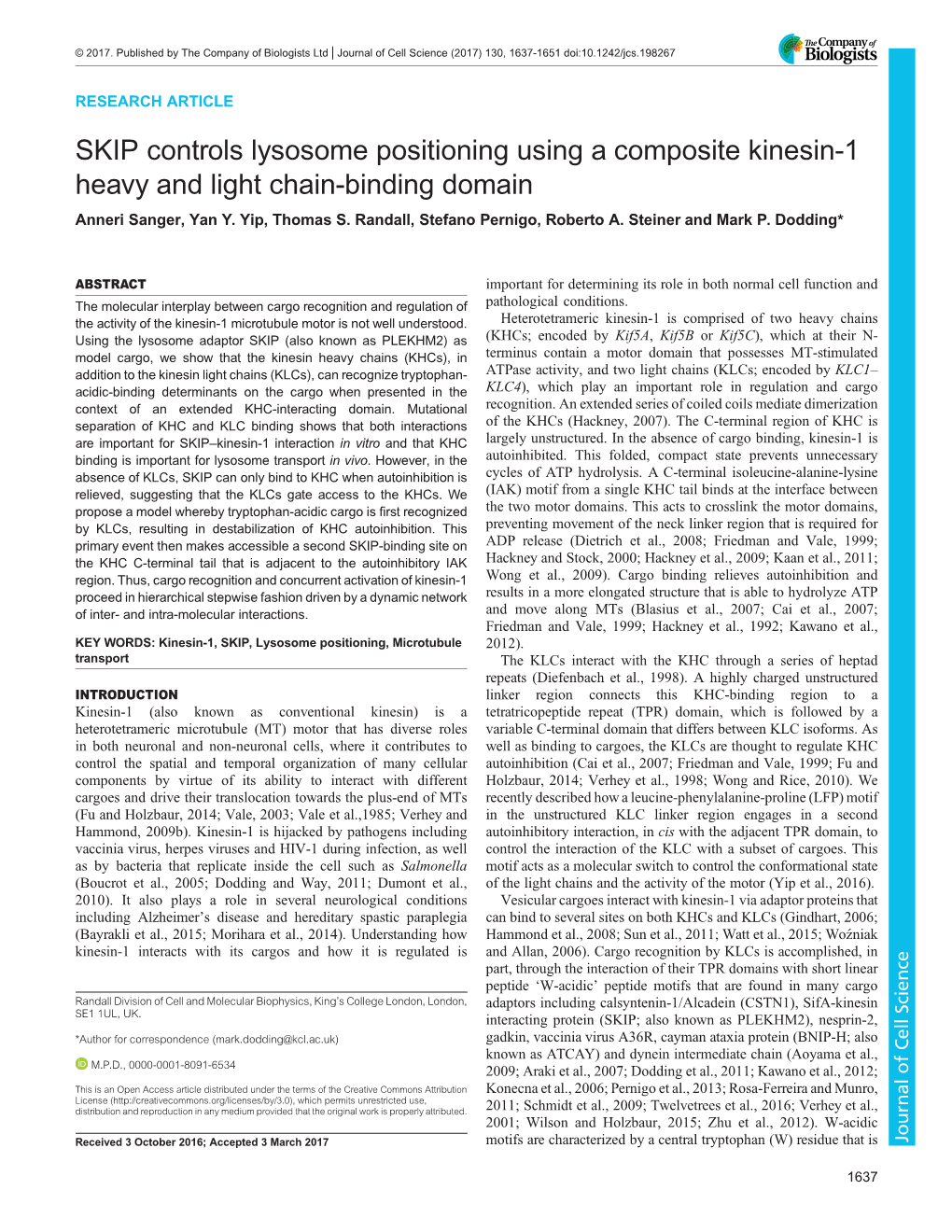 SKIP Controls Lysosome Positioning Using a Composite Kinesin-1 Heavy and Light Chain-Binding Domain Anneri Sanger, Yan Y