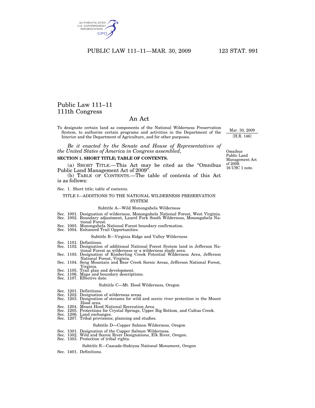 Public Law 111–11 111Th Congress An