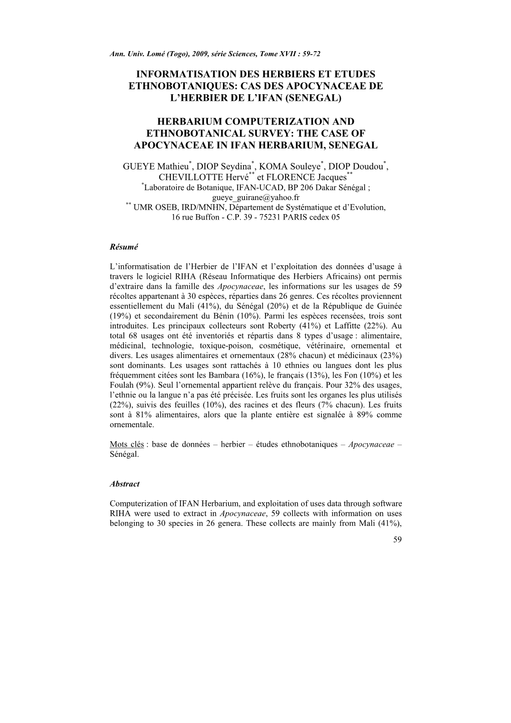 Informatisation Des Herbiers Et Etudes Ethnobotaniques: Cas Des Apocynaceae De L'herbier De L'ifan (Senegal) Herbarium Compu