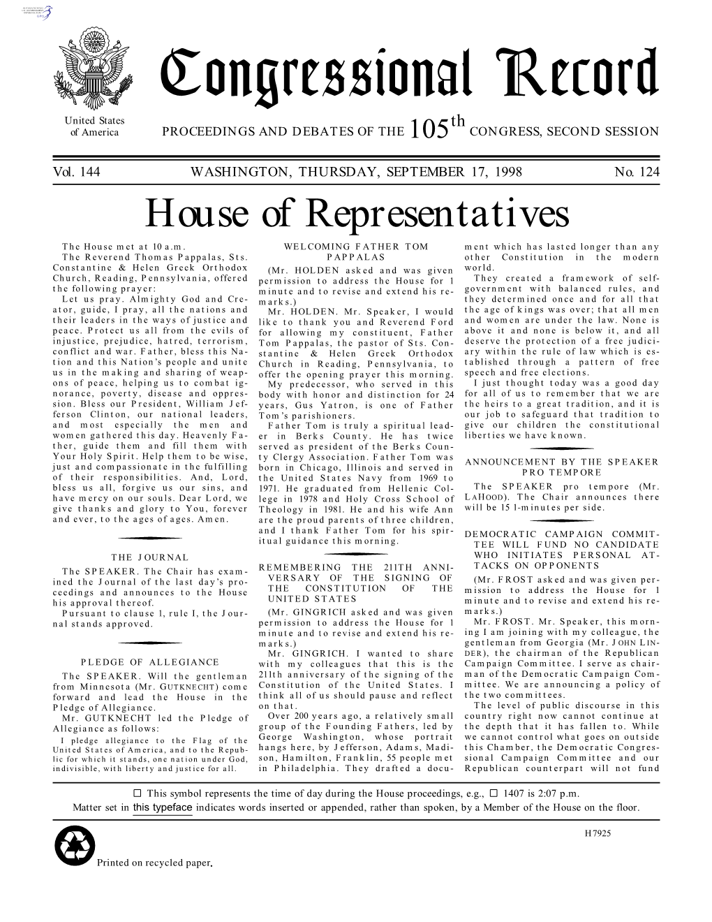 Congressional Record United States Th of America PROCEEDINGS and DEBATES of the 105 CONGRESS, SECOND SESSION