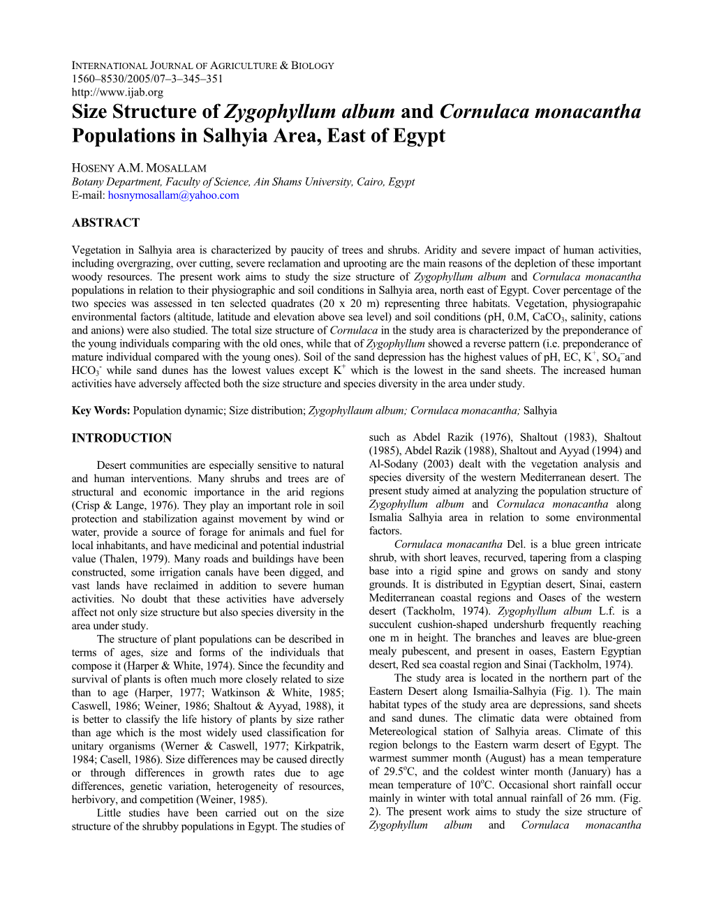 Size Structure of Zygophyllum Album and Cornulaca Monacantha Populations in Salhyia Area, East of Egypt