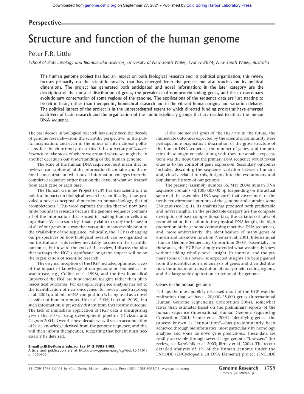 Structure and Function of the Human Genome