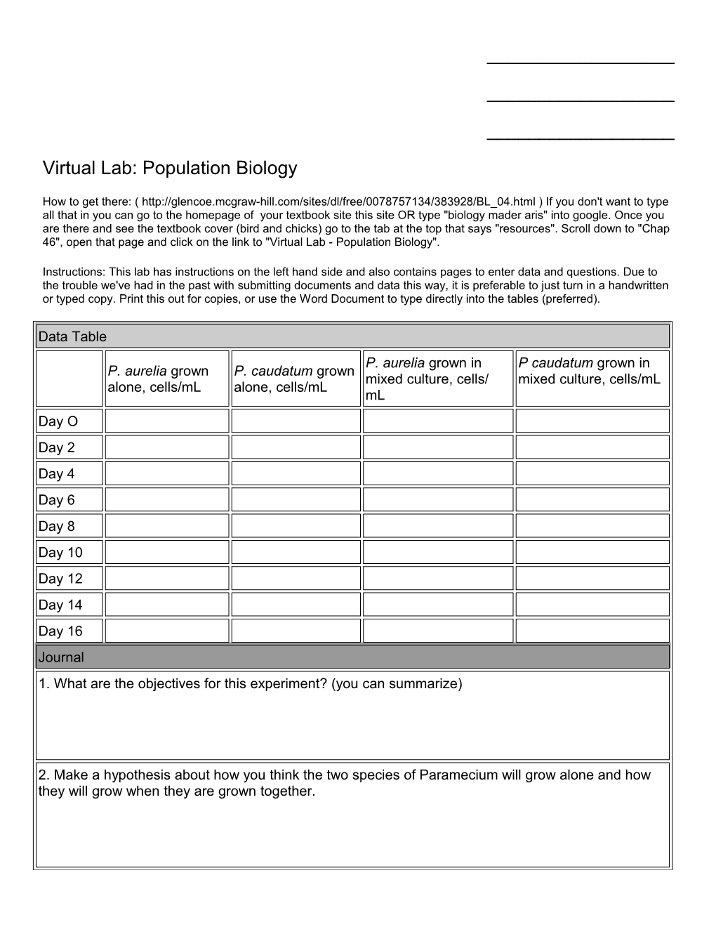 Virtual Lab: Population Biology s2