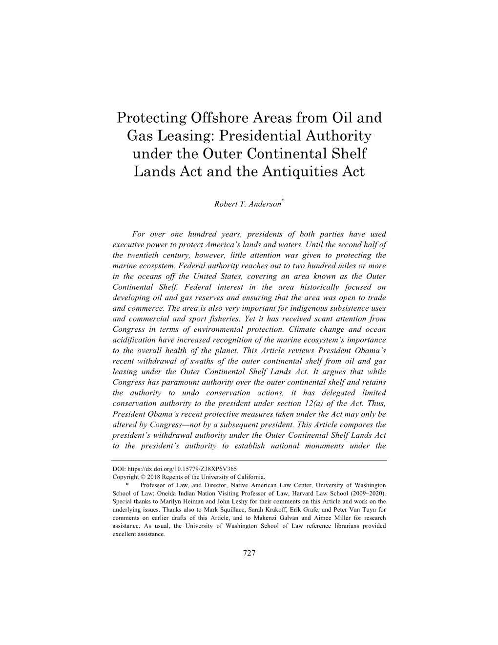 Protecting Offshore Areas from Oil and Gas Leasing: Presidential Authority Under the Outer Continental Shelf Lands Act and the Antiquities Act
