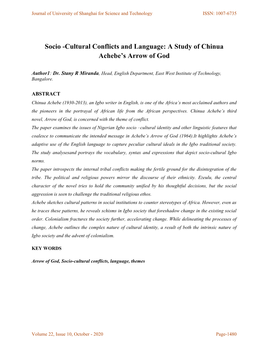 Socio -Cultural Conflicts and Language: a Study of Chinua Achebe’S Arrow of God