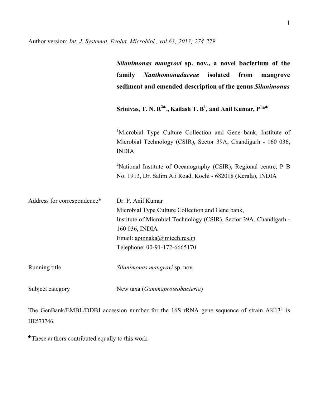 Silanimonas Mangrovi Sp. Nov., a Novel Bacterium of the Family Xanthomonadaceae Isolated from Mangrove Sediment and Emended Description of the Genus Silanimonas