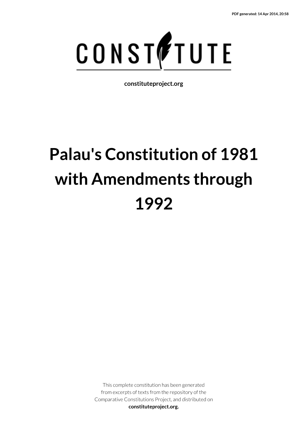 Palau's Constitution of 1981 with Amendments Through 1992