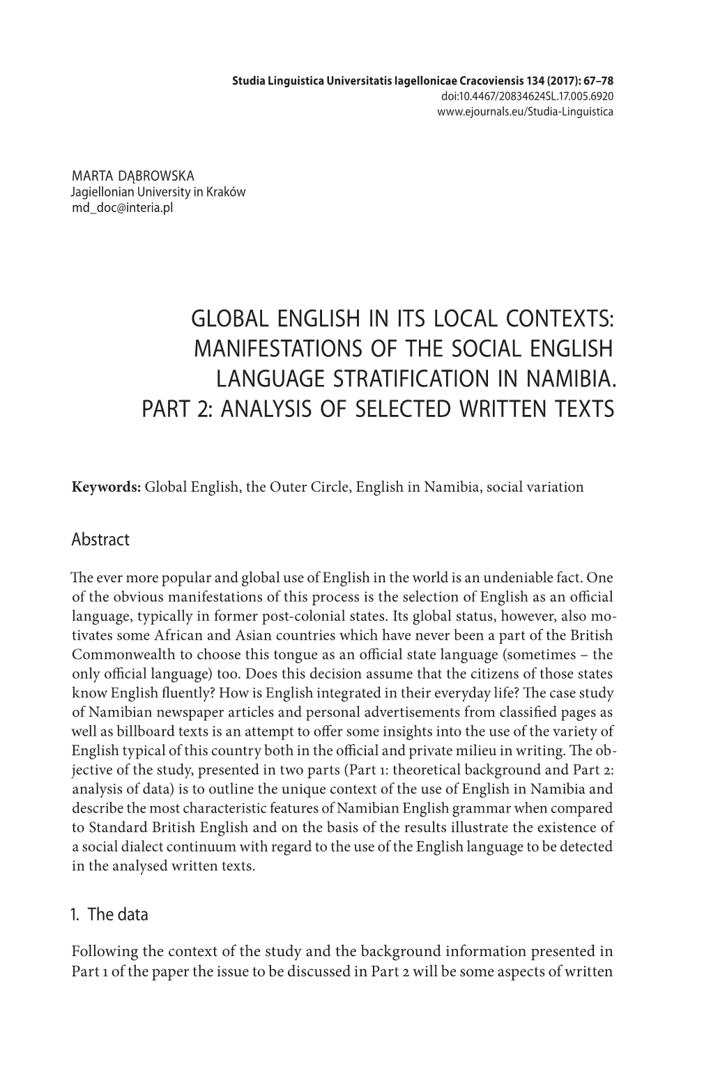 Global English in Its Local Contexts: Manifestations of the Social English Language Stratification in Namibia