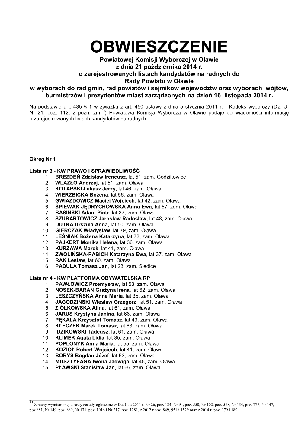OBWIESZCZENIE Powiatowej Komisji Wyborczej W Oławie Z Dnia 21 Października 2014 R