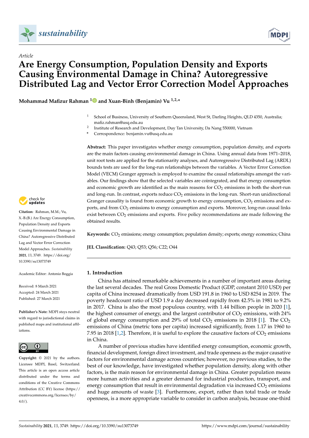 Are Energy Consumption, Population Density and Exports Causing Environmental Damage in China?