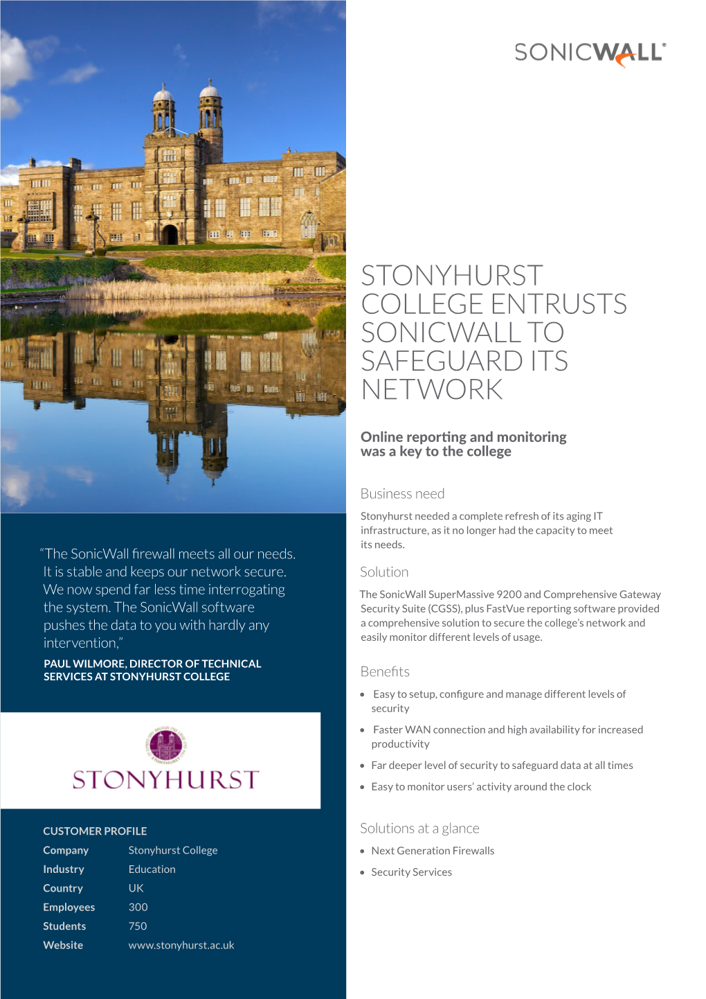 Stonyhurst College Entrusts Sonicwall to Safeguard Its Network
