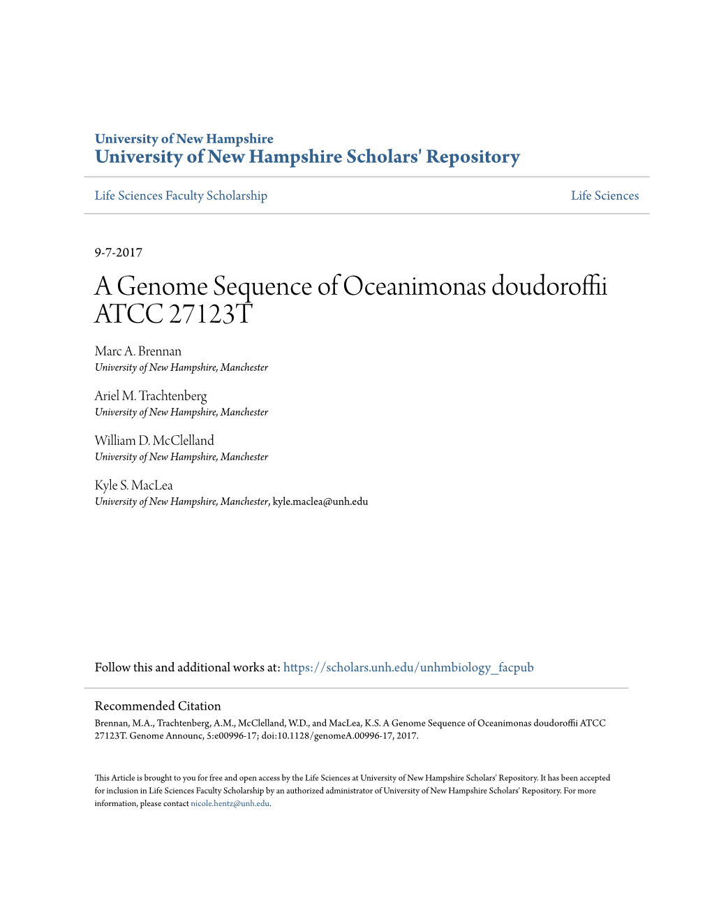 A Genome Sequence of Oceanimonas Doudoroffii ATCC 27123T Marc A