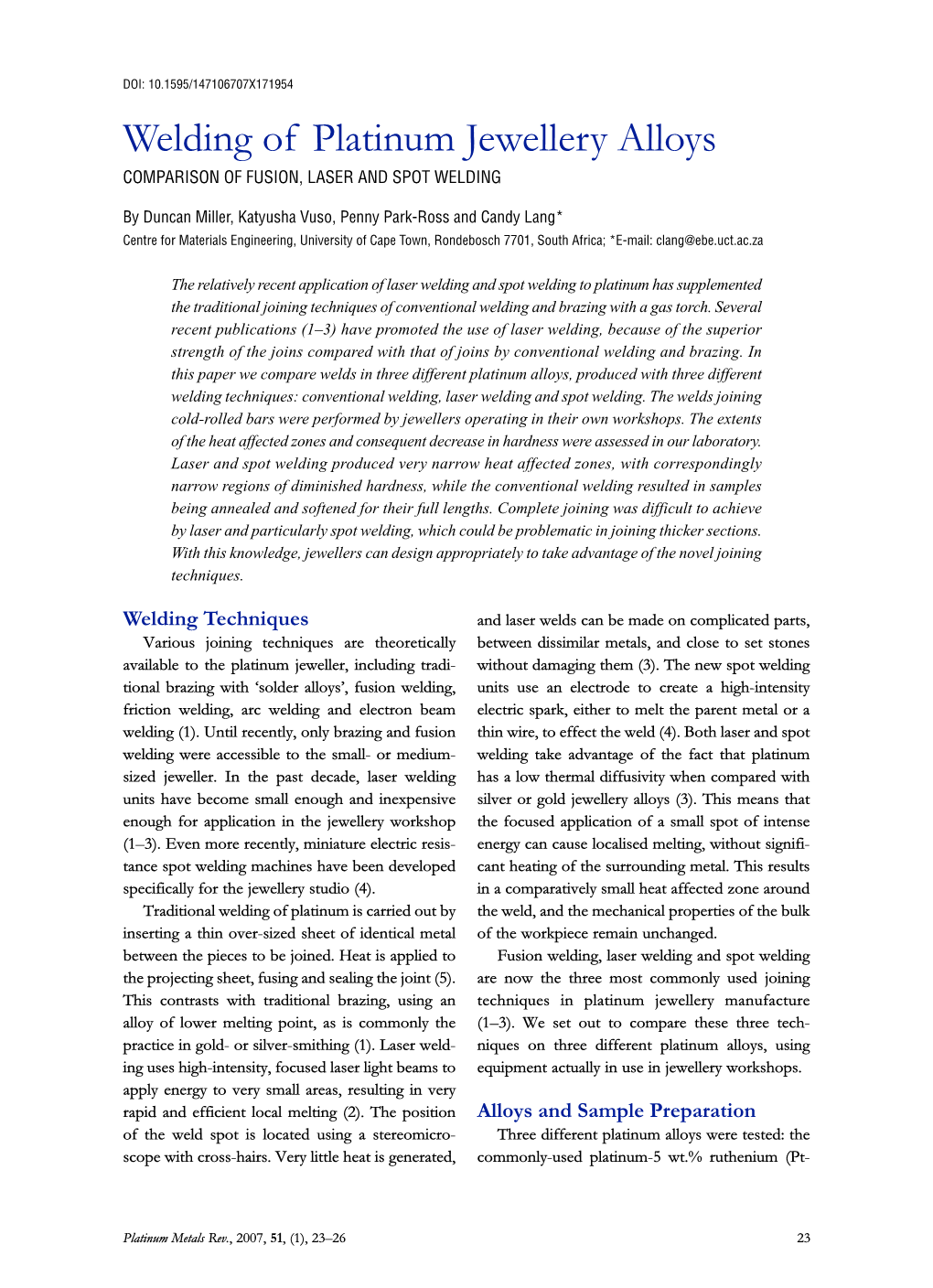 Welding of Platinum Jewellery Alloys COMPARISON of FUSION, LASER and SPOT WELDING