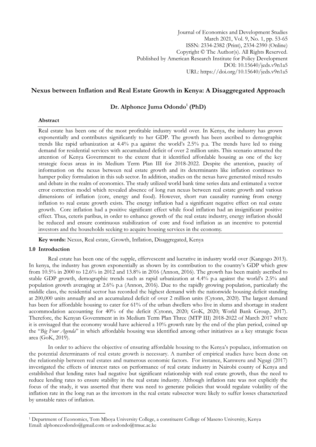 Nexus Between Inflation and Real Estate Growth in Kenya: a Disaggregated Approach