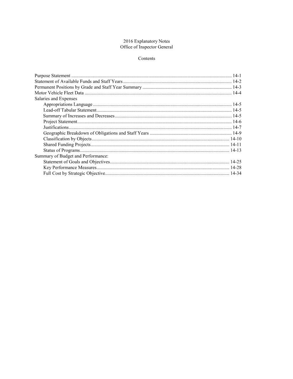 2016 Explanatory Notes Office of Inspector General Contents Purpose Statement