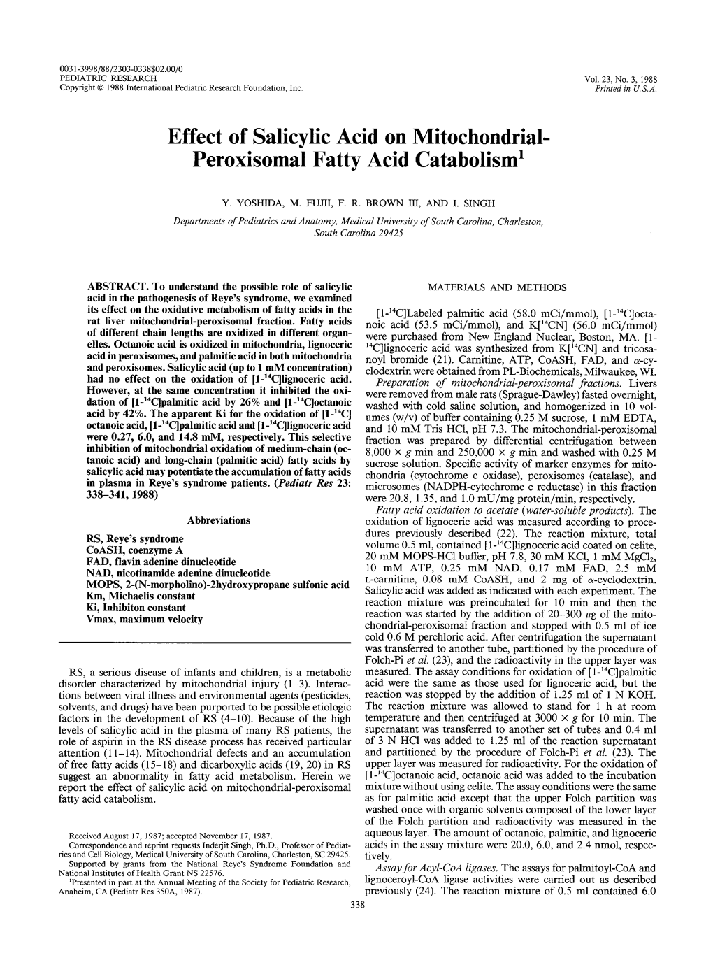 Effect of Salicylic Acid on Mitochondrial- Peroxisomal Fatty Acid Catabolism1