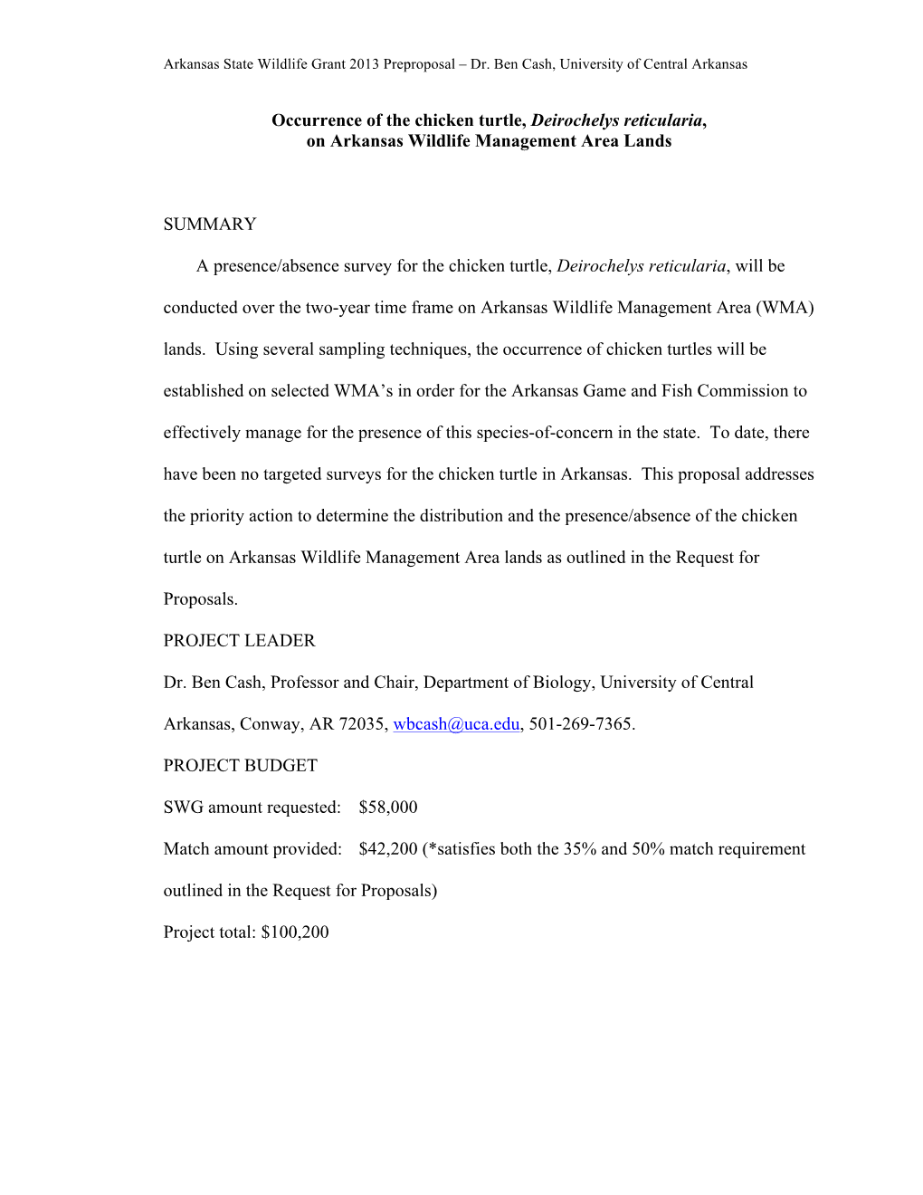 Occurrence of the Chicken Turtle, Deirochelys Reticularia, on Arkansas Wildlife Management Area Lands