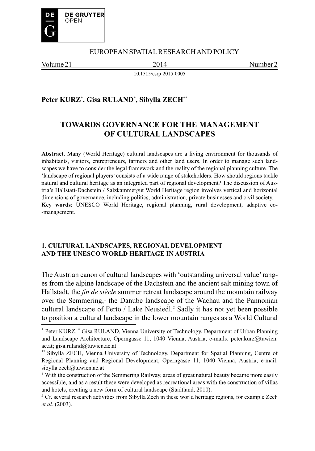 Towards Governance for the Management of Cultural Landscapes