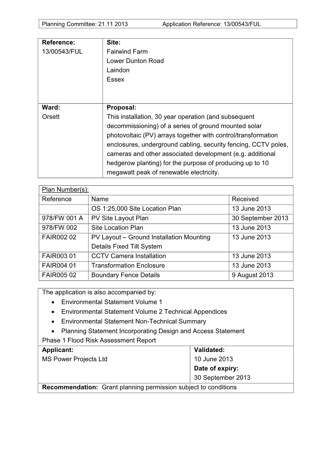 13/00543/FUL Site: Fairwind Farm Lower Dunton Road Laindon Essex