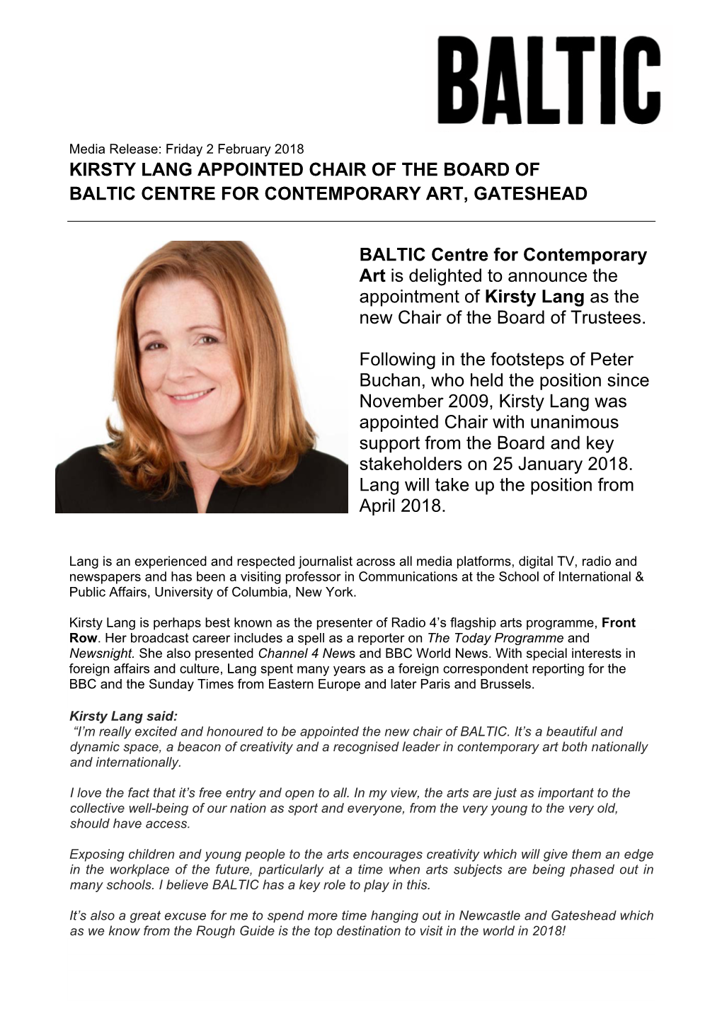 01.02.2018 Kirsty Lang Appointed Chair of the Board