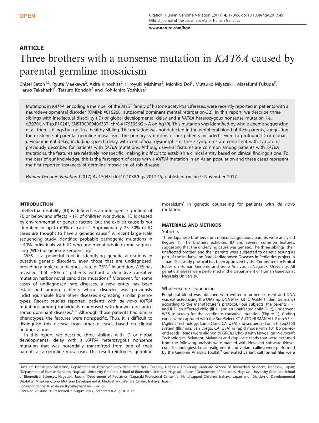 Three Brothers with a Nonsense Mutation in KAT6A Caused by Parental Germline Mosaicism