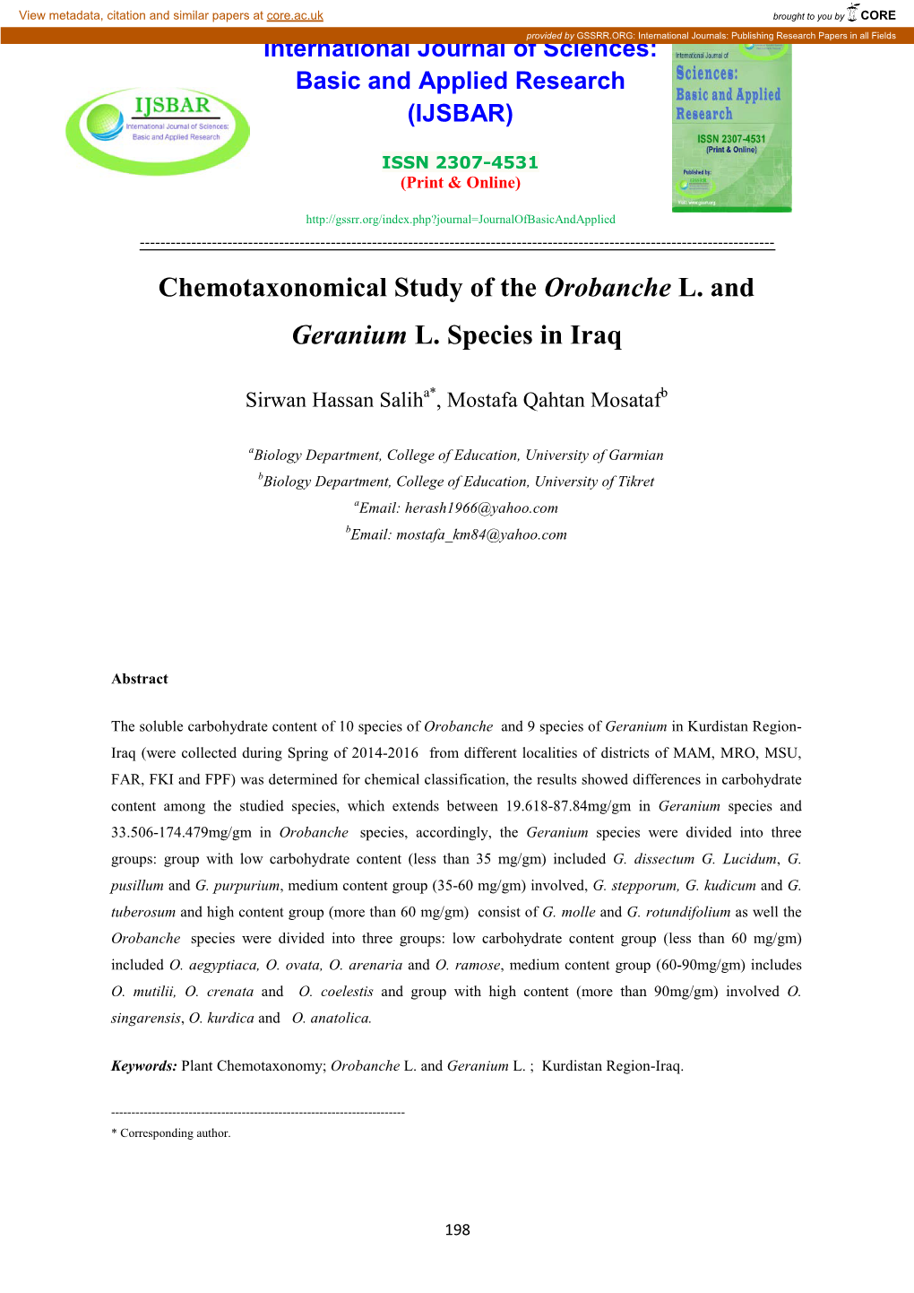 Chemotaxonomical Study of the Orobanche L. and Geranium L