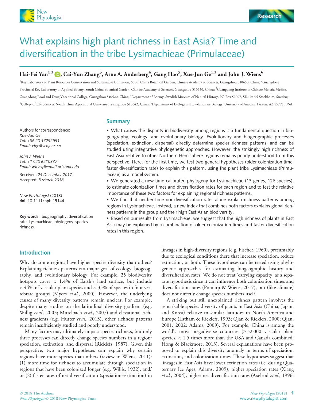 What Explains High Plant Richness in East Asia? Time and Diversiﬁcation in the Tribe Lysimachieae (Primulaceae)