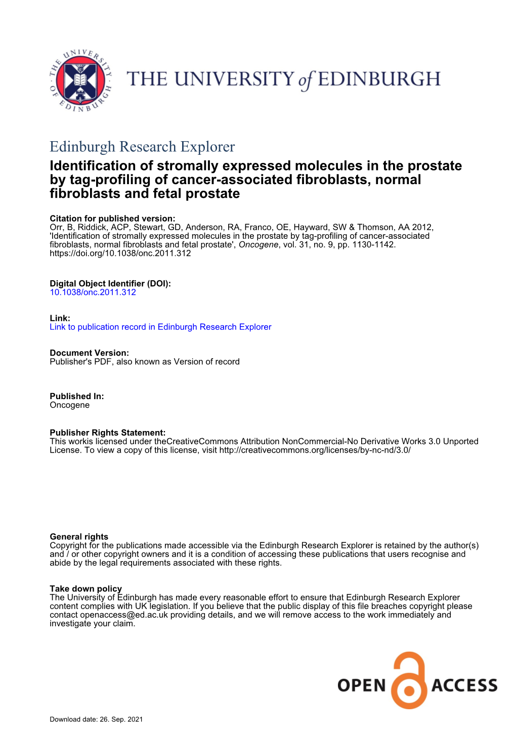 Identification of Stromally Expressed Molecules in the Prostate by Tag-Profiling of Cancer-Associated Fibroblasts, Normal Fibroblasts and Fetal Prostate