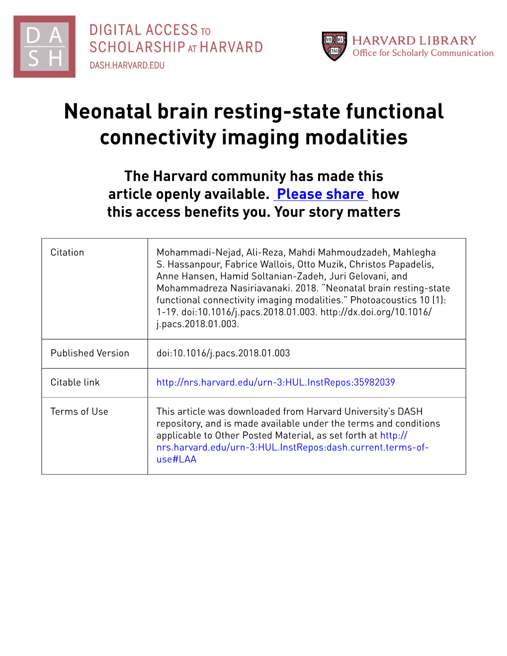 Neonatal Brain Resting-State Functional Connectivity Imaging Modalities