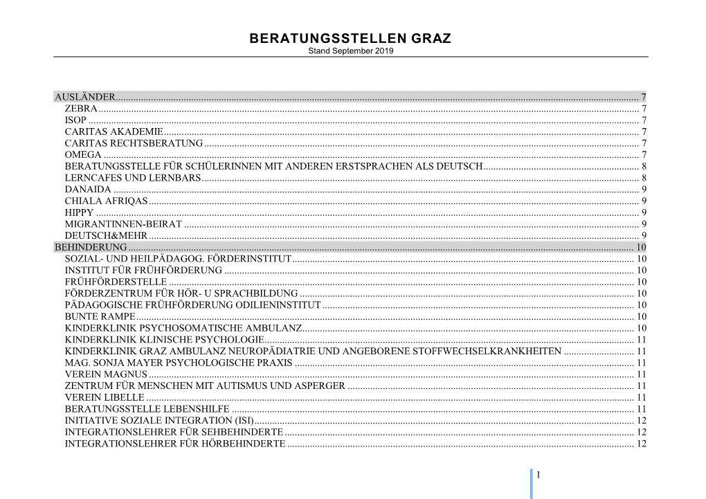 BERATUNGSSTELLEN GRAZ Stand September 2019