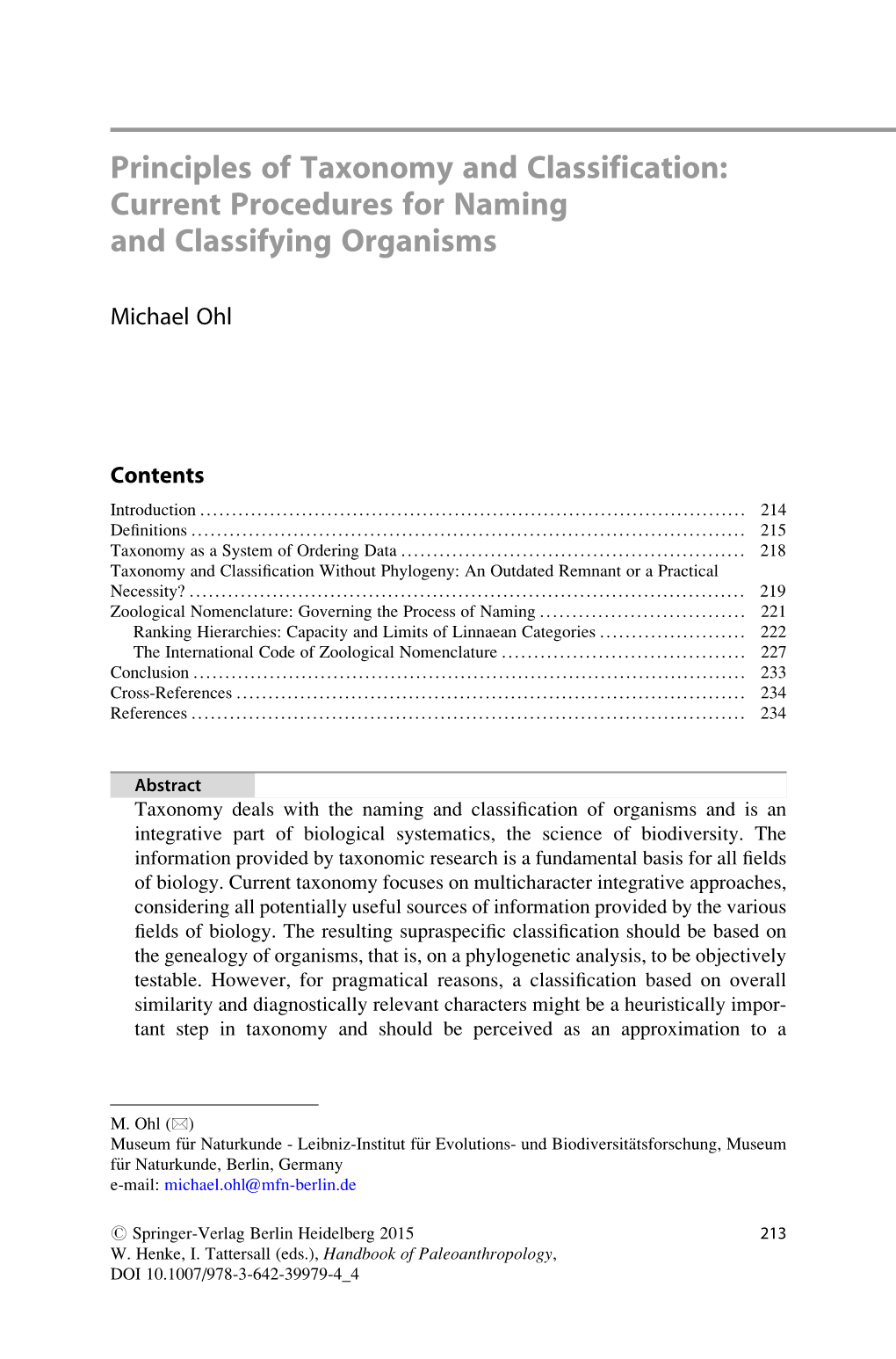 Principles of Taxonomy and Classification: Current Procedures for Naming and Classifying Organisms