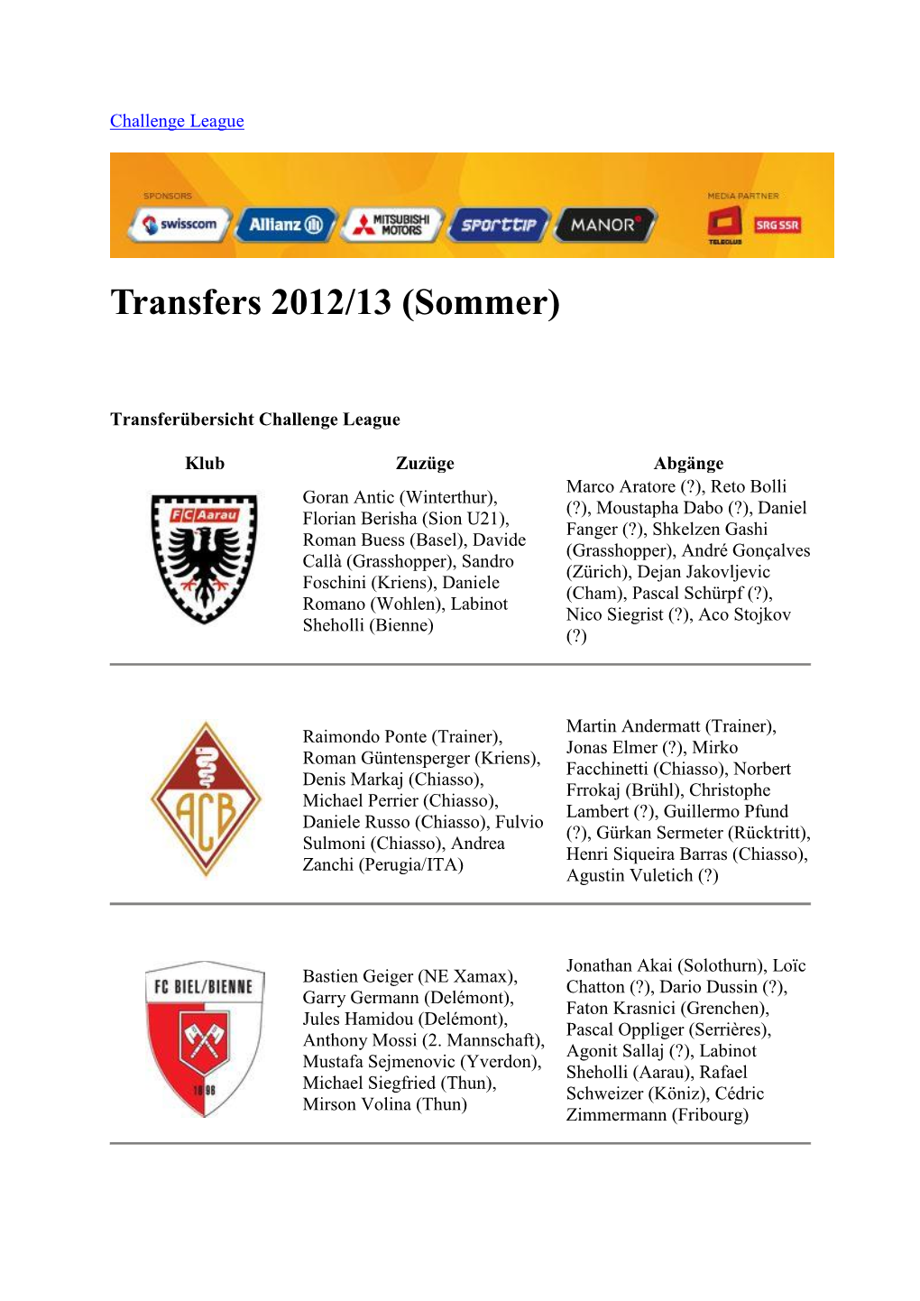 Transfers 2012/13 (Sommer)