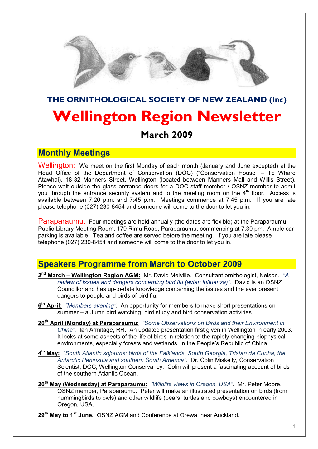 ORNITHOLOGICAL SOCIETY of NEW ZEALAND (Inc) Wellington Region Newsletter March 2009