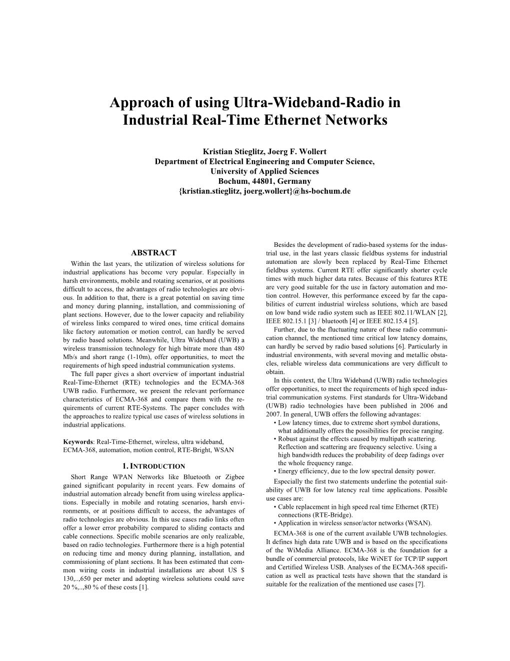 Approach of Using Ultra-Wideband-Radio in Industrial Real-Time Ethernet Networks