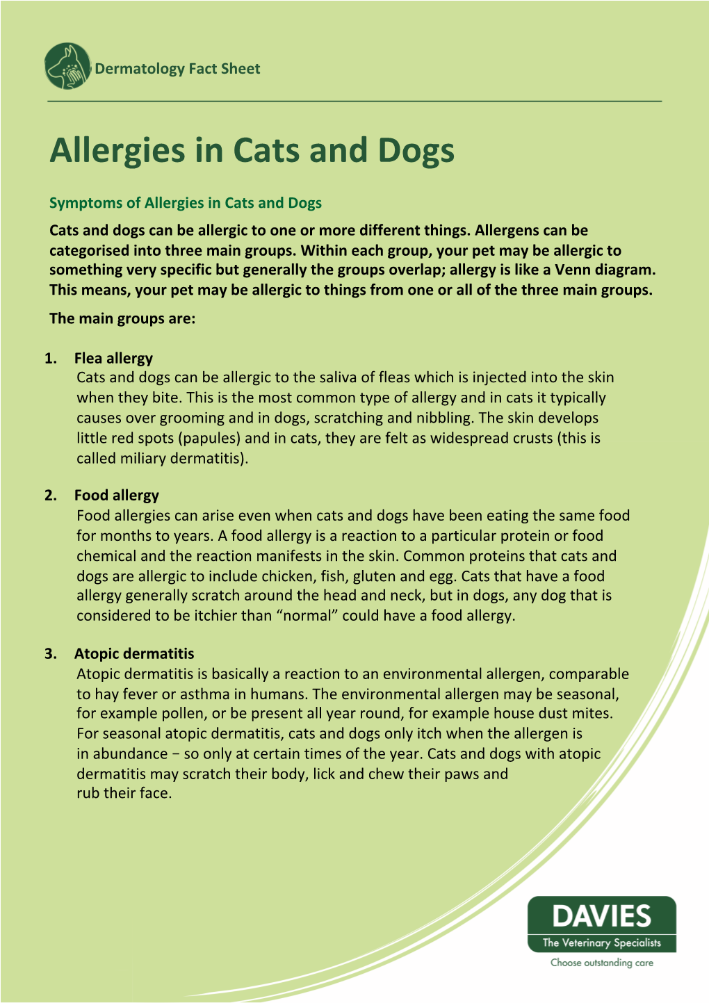 Davies Veterinary Specialists Allergies in Cats and Dogs Fact