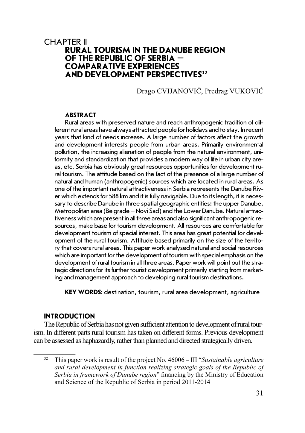 Chapter Ii Rural Tourism in the Danube Region of the Republic of Serbia – Comparative Experiences and Development Perspectives32