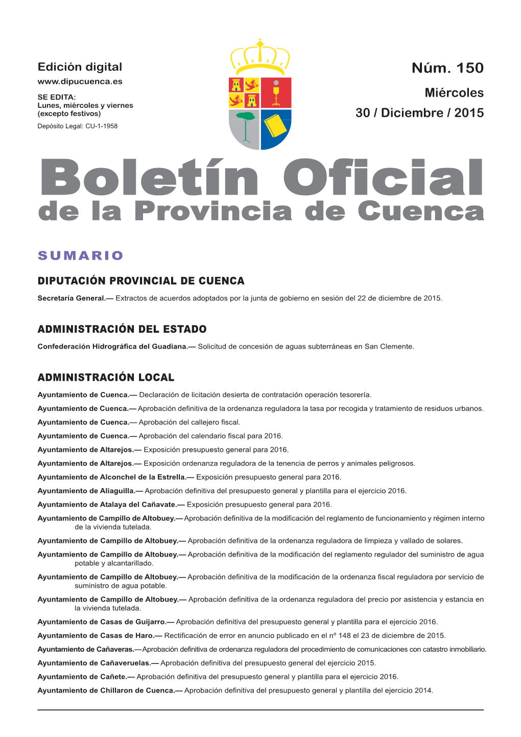 Boletín Oficial De La Provincia De Cuenca Sumario Diputación Provincial De Cuenca