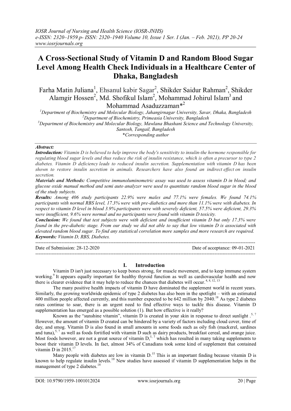 A Cross-Sectional Study of Vitamin D and Random Blood Sugar Level Among Health Check Individuals in a Healthcare Center of Dhaka, Bangladesh